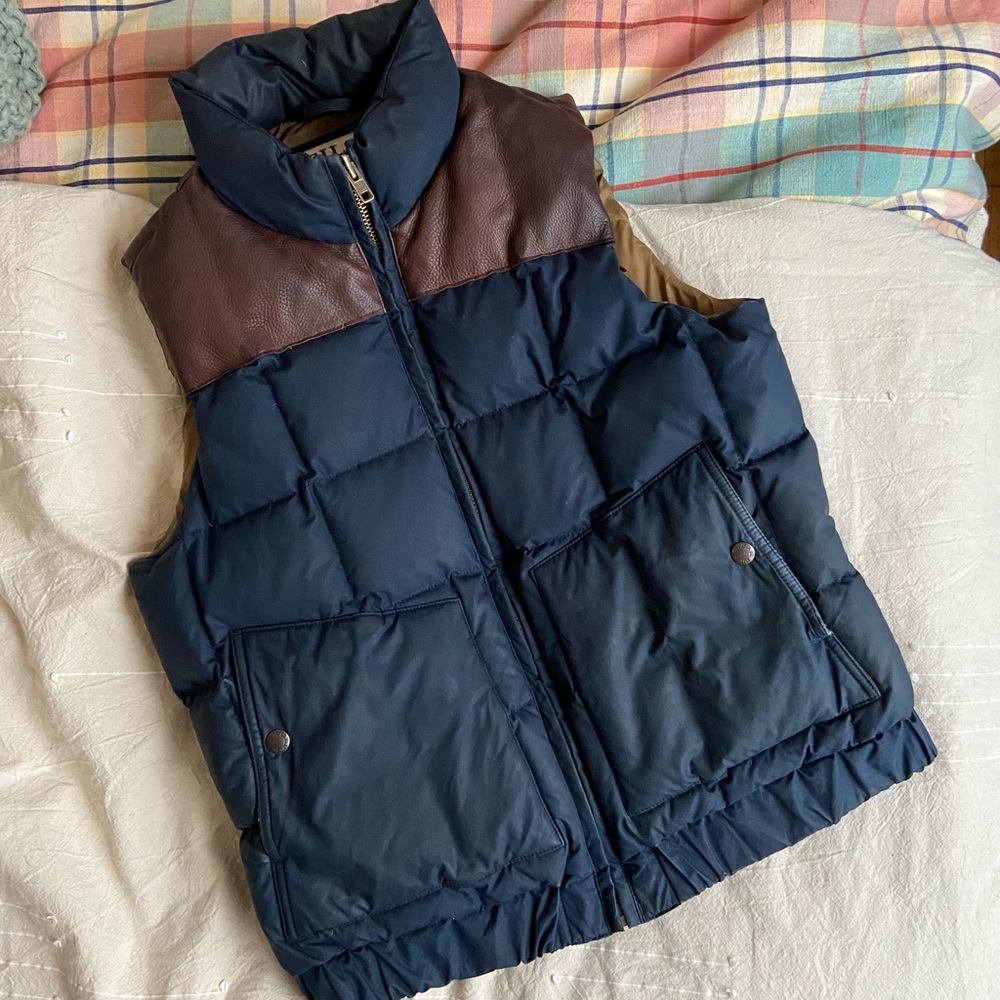 Filson navy down vest with brown leather